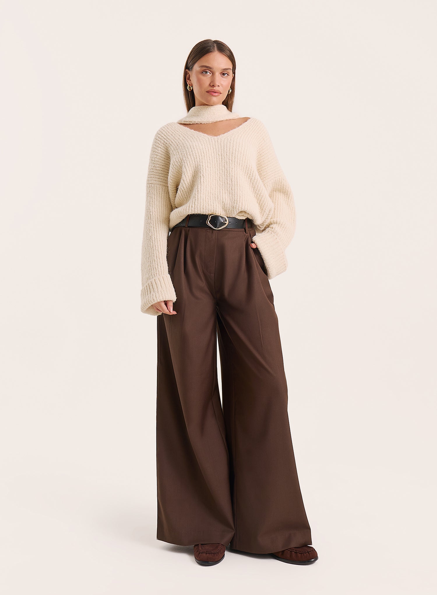 Chocolate Hardware Belt Detail Tailored Trousers